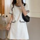 Short-sleeve Contrast Trim Tweed Mini A-line Dress