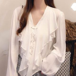 Long-sleeve Ruffled Lace-up Chiffon Top