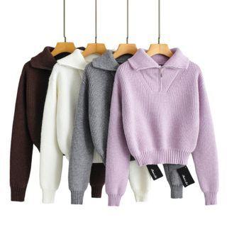 Long Sleeve Collar Zip-detail Ribbed-knit Sweater