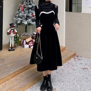 Spaghetti Strap Lace Trim Velvet Midi A-line Dress / Mock-neck Embellished Top