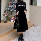 Spaghetti Strap Lace Trim Velvet Midi A-line Dress / Mock-neck Embellished Top