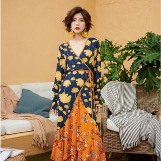 Flower Print Long-sleeve Layered Maxi Dress