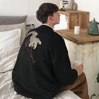 Loose-fit Crane-embroidered Knit Sweater
