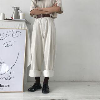 Plain Corduroy High-waist Loose-fit Wide-leg Pants