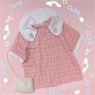 Plaid Short-sleeve Blouse Pink - One Size