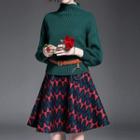 Set: High Neck Drop-shoulder Sweater + Printed A-line Skirt