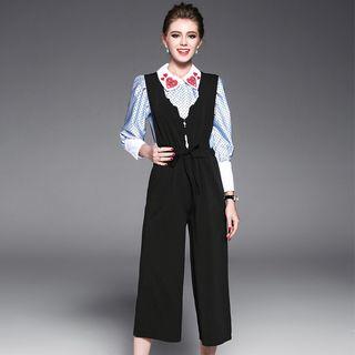Set: Long-sleeve Embroidered Heart Polka Dot Top + Sleeveless Wide-leg Jumpsuit