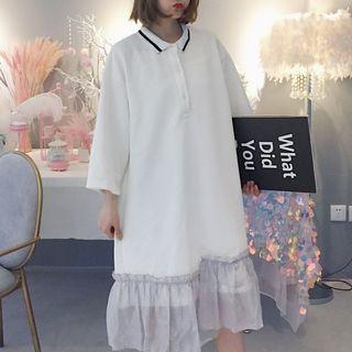3/4-sleeve Ruffle Hem Midi Polo Dress