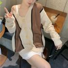 V-neck Color Block Cardigan Almond & Coffee - One Size