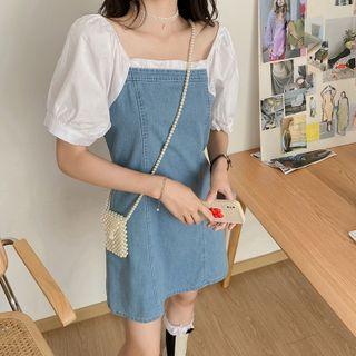 Mock Two-piece Short-sleeve Denim Mini A-line Dress