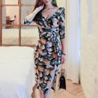 V-neck Flower Print 3/4-sleeve Sheath Dress