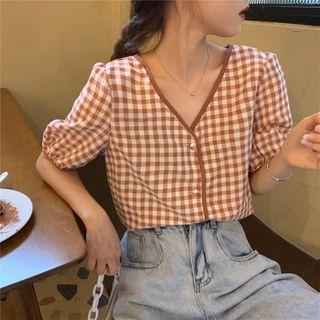 V-neck Check Short-sleeve Top
