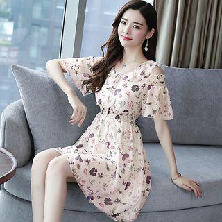 Short-sleeve Cold-shoulder Floral Print Mini A-line Dress
