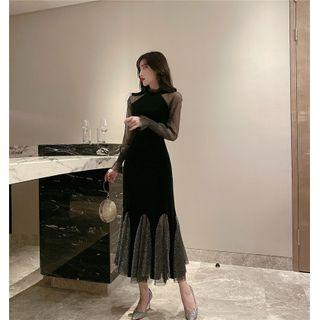 Mesh Panel Bell-sleeve Maxi Godet Dress
