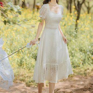 Short-sleeve Square-neck Lace A-line Midi Dress