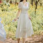 Short-sleeve Square-neck Lace A-line Midi Dress