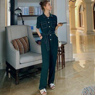 Short-sleeve Tie-waist Shirt Jumpsuit