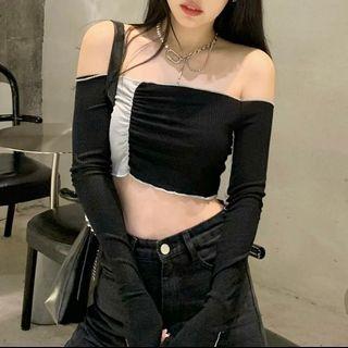 Long-sleeve Off Shoulder T-shirt Black & Gray - One Size