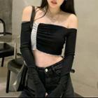 Long-sleeve Off Shoulder T-shirt Black & Gray - One Size