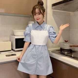 Set: Puff-sleeve Mini Shirtdress + Bow Accent Cropped Camisole