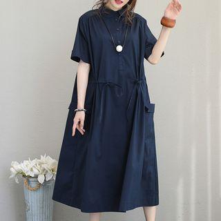 Pocket Detail Elbow-sleeve Midi Collared Dress