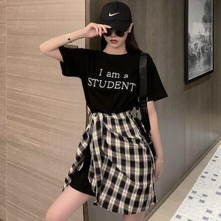 Short Sleeve Letter Print Plaid Panel Mock Two Piece Dress