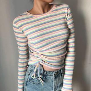Drawstring Striped Long-sleeve Slim-fit Top