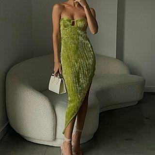 Strapless Asymmetrical Midi Bodycon Dress