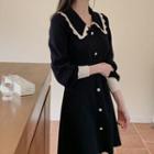 Long-sleeve Collared Button-up Knit A-line Dress