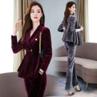 Set: Velvet Double-breasted Blazer + Wide-leg Pants