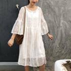 Set: Lace Mesh Elbow-sleeve Dress + Slipdress White - One Size