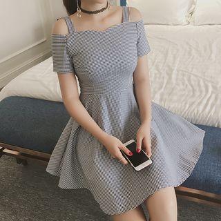 Houndstooth Cold Shoulder A-line Dress
