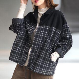 Plaid Single-breasted Corduroy Jacket Plaid - Black & White - One Size