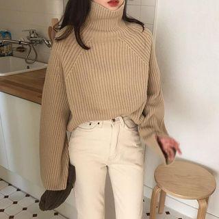 Plain Turtle-neck Loose-fit Sweater Light Coffee - One Size