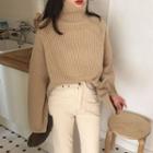 Plain Turtle-neck Loose-fit Sweater Light Coffee - One Size