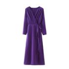 Long-sleeve V-neck Plain Tie-strap Dress