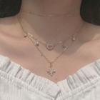 Rhinestone Layered Necklace 3 Layer - Gold - One Size