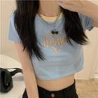 Short-sleeve Letter Embroidered Cropped T-shirt Light Blue - One Size