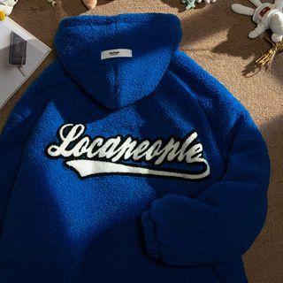Faux Shearling Lettering Hooded Zip Oversize Jacket