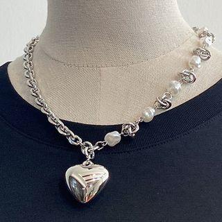 Heart Faux Pearl Chain Necklace Silver - One Size