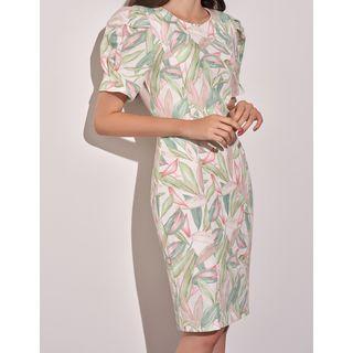 Puff-sleeve Foliage Midi Sheath Dress