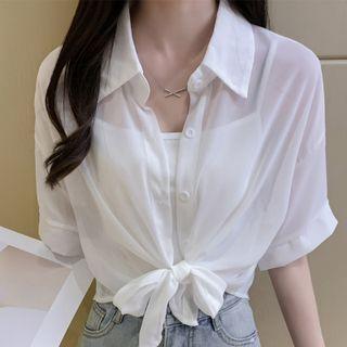 Short-sleeve Lapel Button-up Chiffon Cape Top