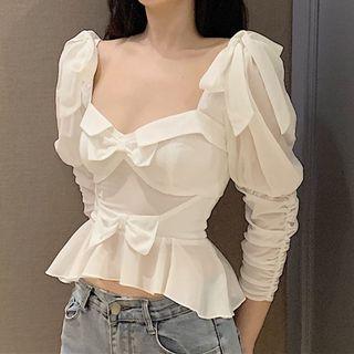 Long-sleeve Bow-accent Peplum Top