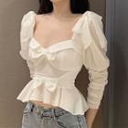 Long-sleeve Bow-accent Peplum Top