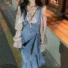 Long-sleeve Off-shoulder Floral Shirt / Denim Fish Tail Overall Dress