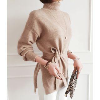 Turtle-neck Slit-side Knit Top With Sash
