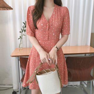 V-neck Dotted Short-sleeve Mini Dress