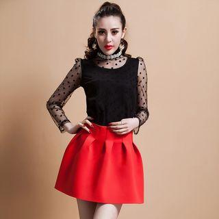 Long-sleeve Embellished-neckline Paneled Top