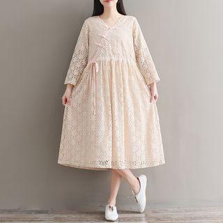 Lace Long-sleeve V Neck Frog Button Qipao Dress