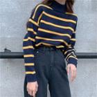 Turtleneck Long-sleeve Striped Knit Sweater